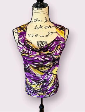 The Limited Cowl Neck Top S Purple Yellow Abstract Print Sleeveless Stretch